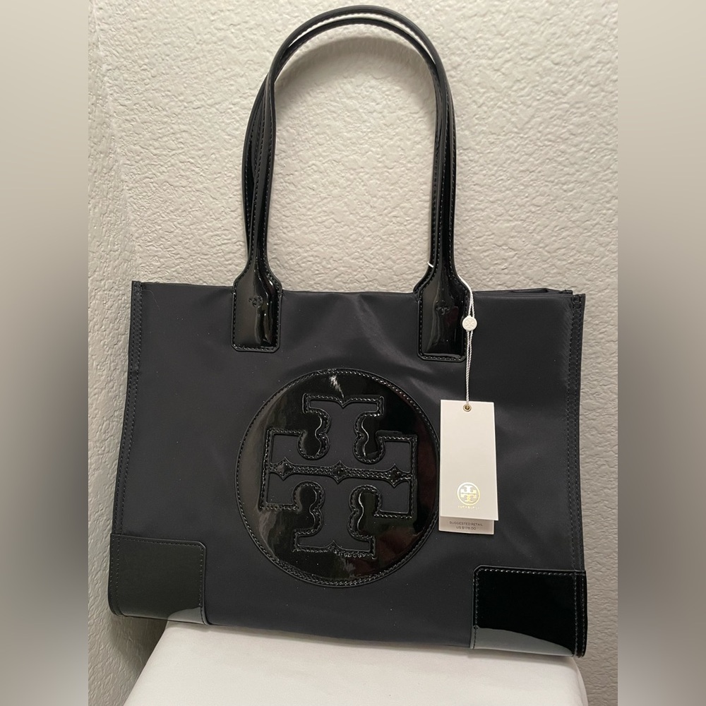 Tory Burch Ella Patent Mini Tote, Black, brand new with tags/tissue
